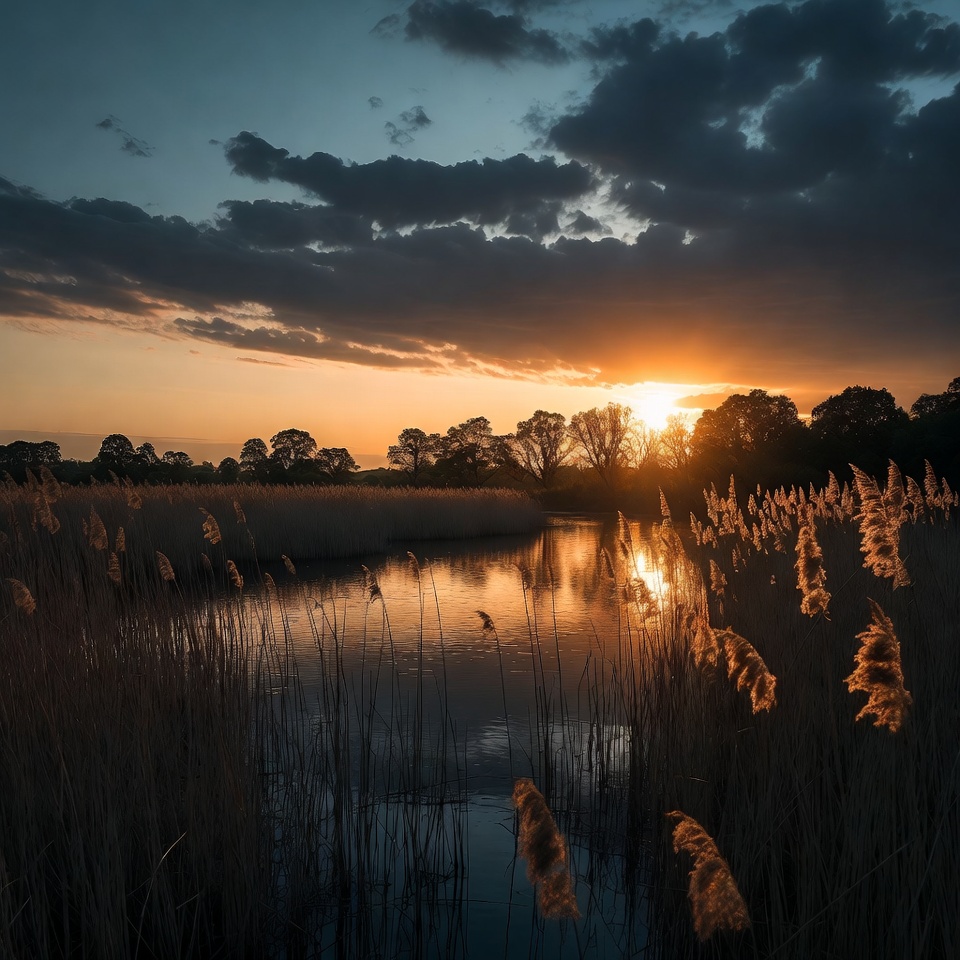Sunset over river with reeds Sunset over river with reeds