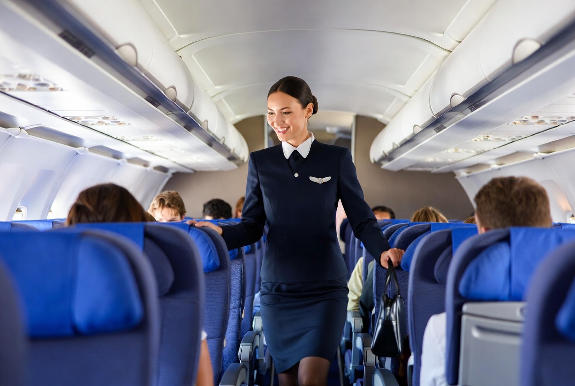 Flight attendant walking airplane aisle Flight attendant walking airplane aisle