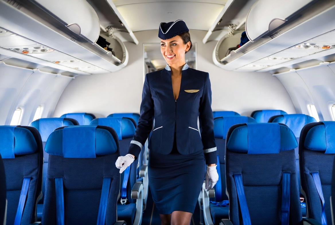 Smiling flight attendant in airplane aisle Smiling flight attendant in airplane aisle