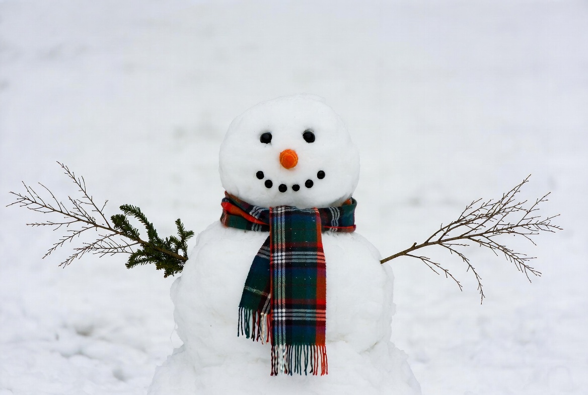 Snowman with plaid scarf in snow Snowman with plaid scarf in snow