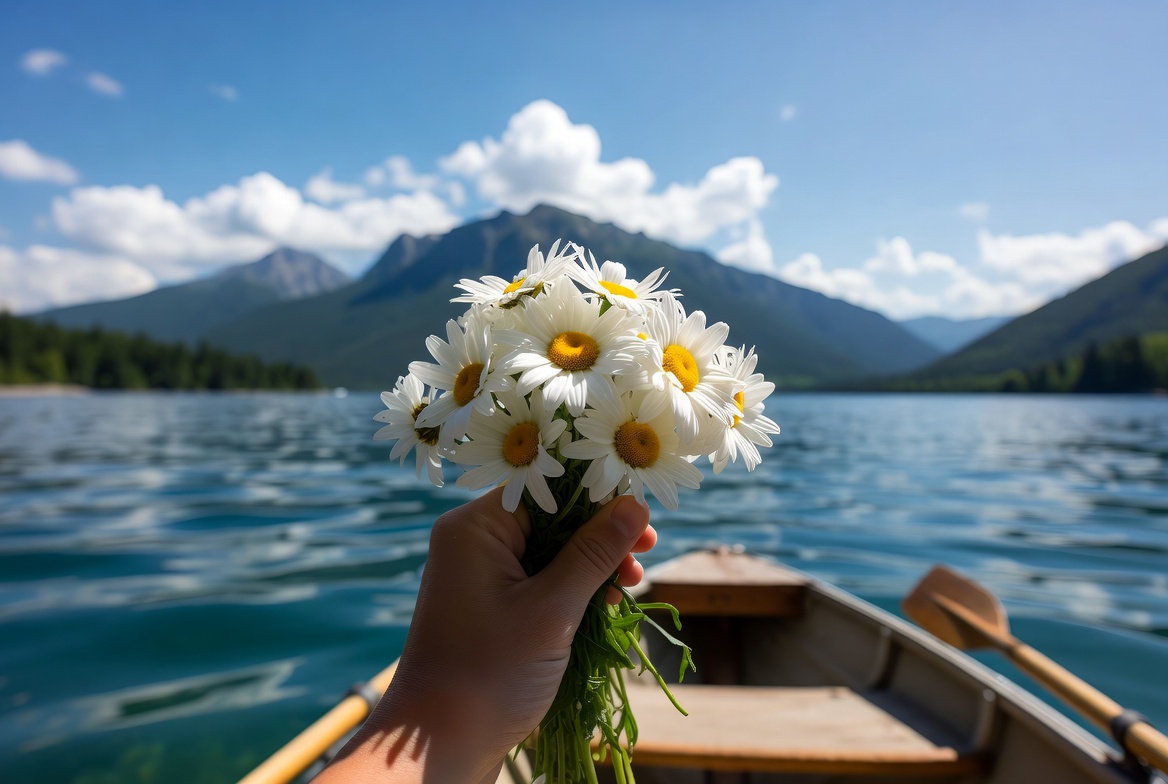 Hand holding daisies in boat on lake Hand holding daisies in boat on lake