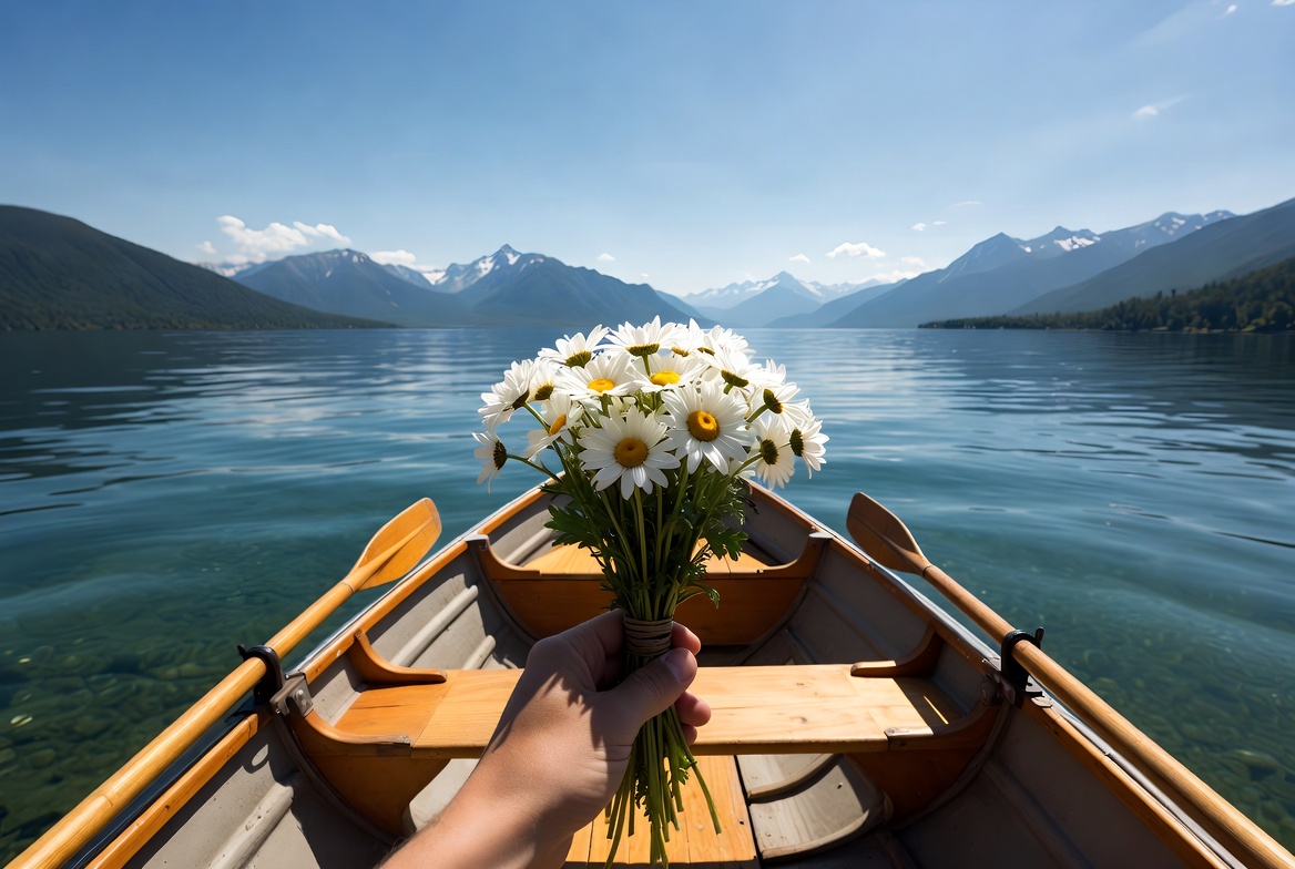 Hand holding daisies in canoe on lake Hand holding daisies in canoe on lake
