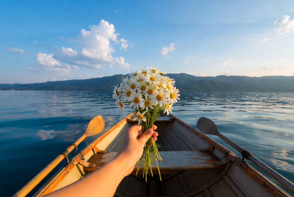 Woman holding daisies in rowboat Woman holding daisies in rowboat