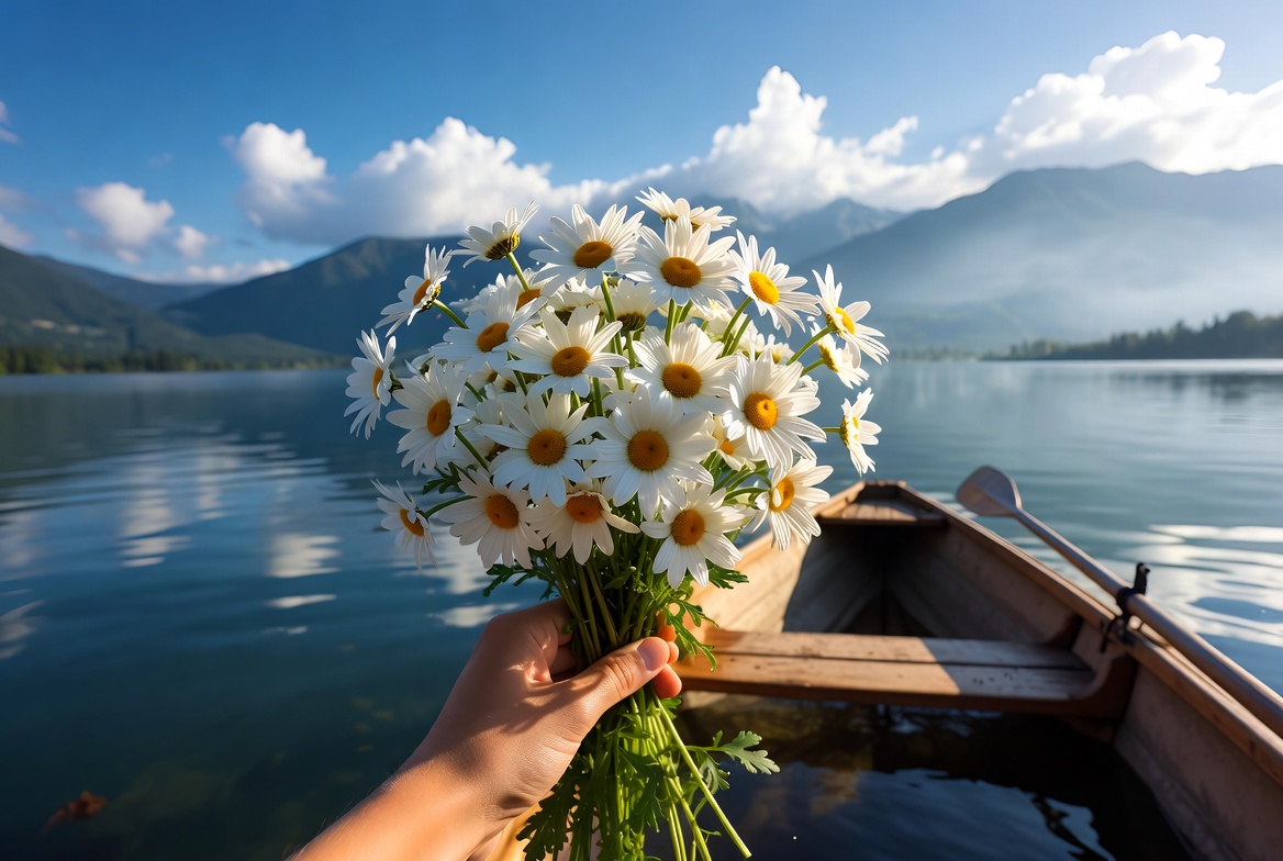 Hand holding daisies in wooden boat Hand holding daisies in wooden boat