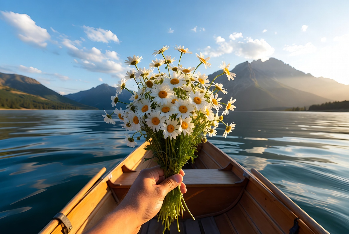 Hand holding daisies in canoe on lake Hand holding daisies in canoe on lake
