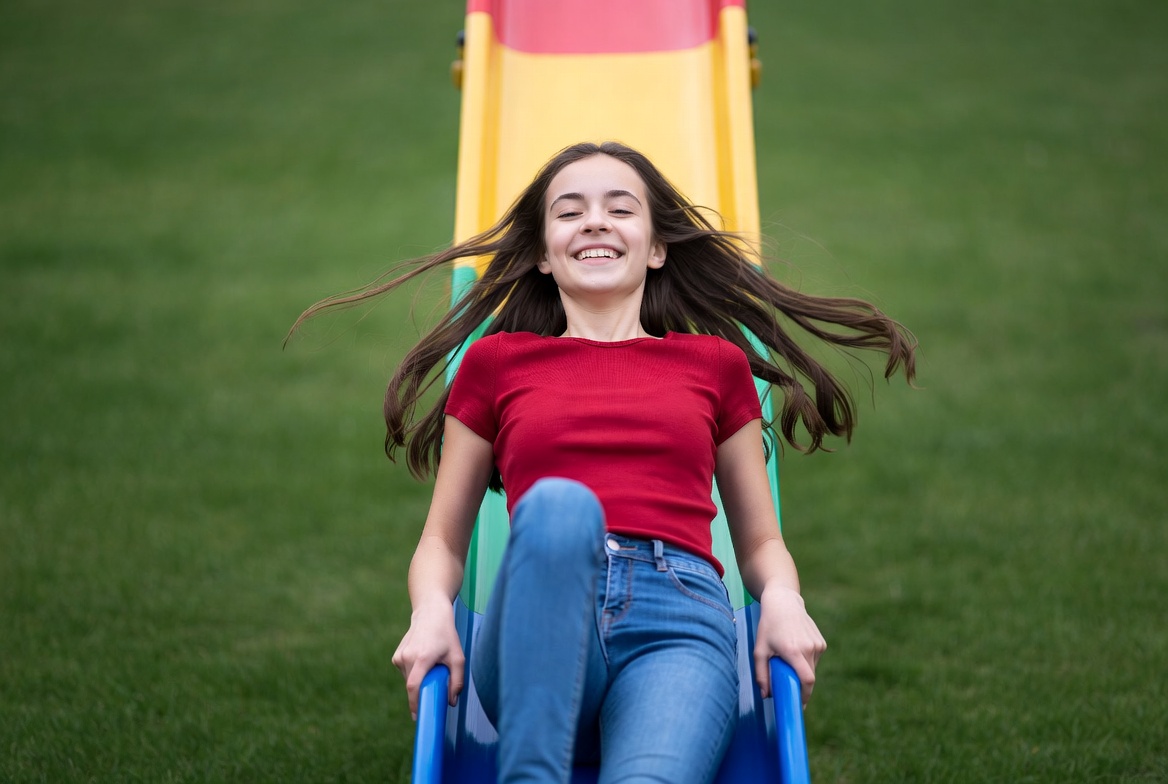 Girl sliding down colorful playground slide Girl sliding down colorful playground slide