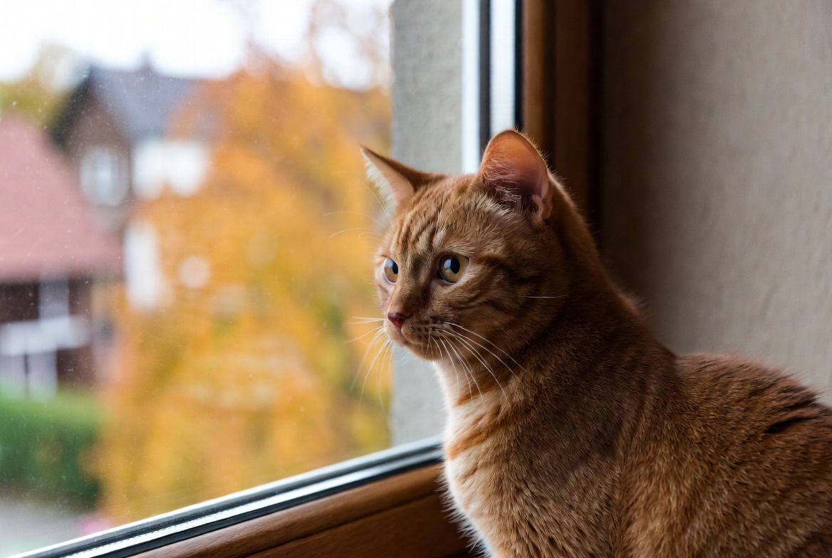 Orange cat looking out window Orange cat looking out window