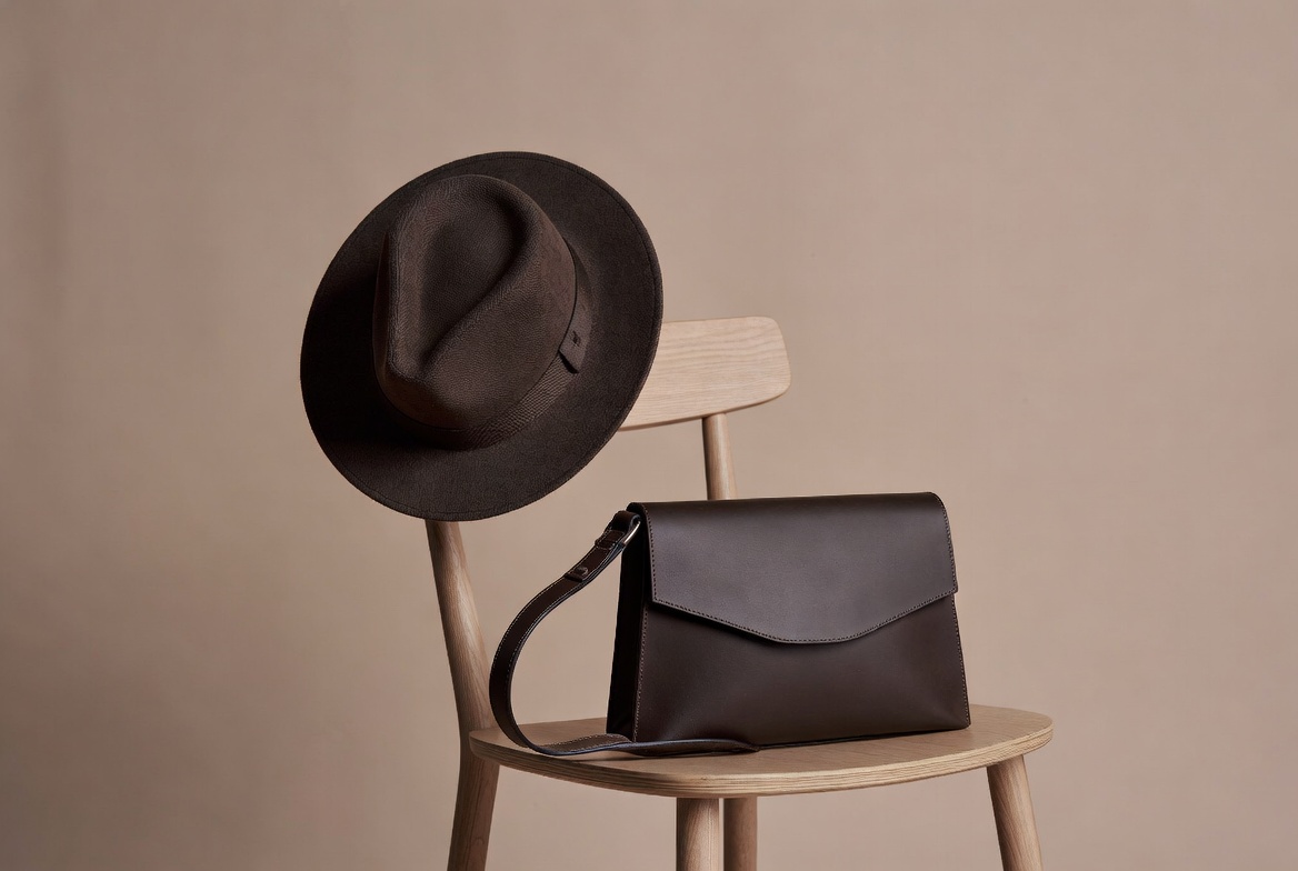 Brown Fedora Hat and Leather Bag on Chair Brown Fedora Hat and Leather Bag on Chair
