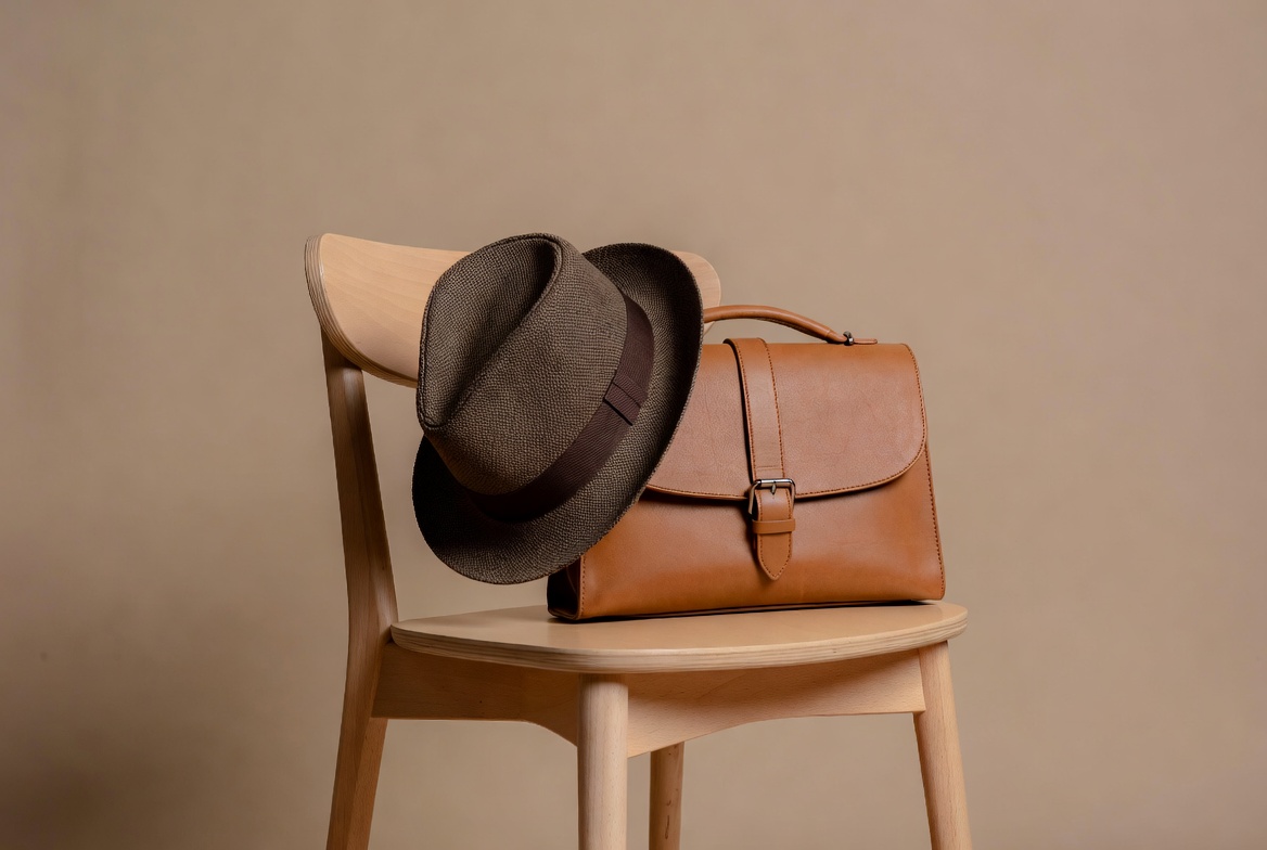 Fedora Hat and Leather Bag on Chair Fedora Hat and Leather Bag on Chair