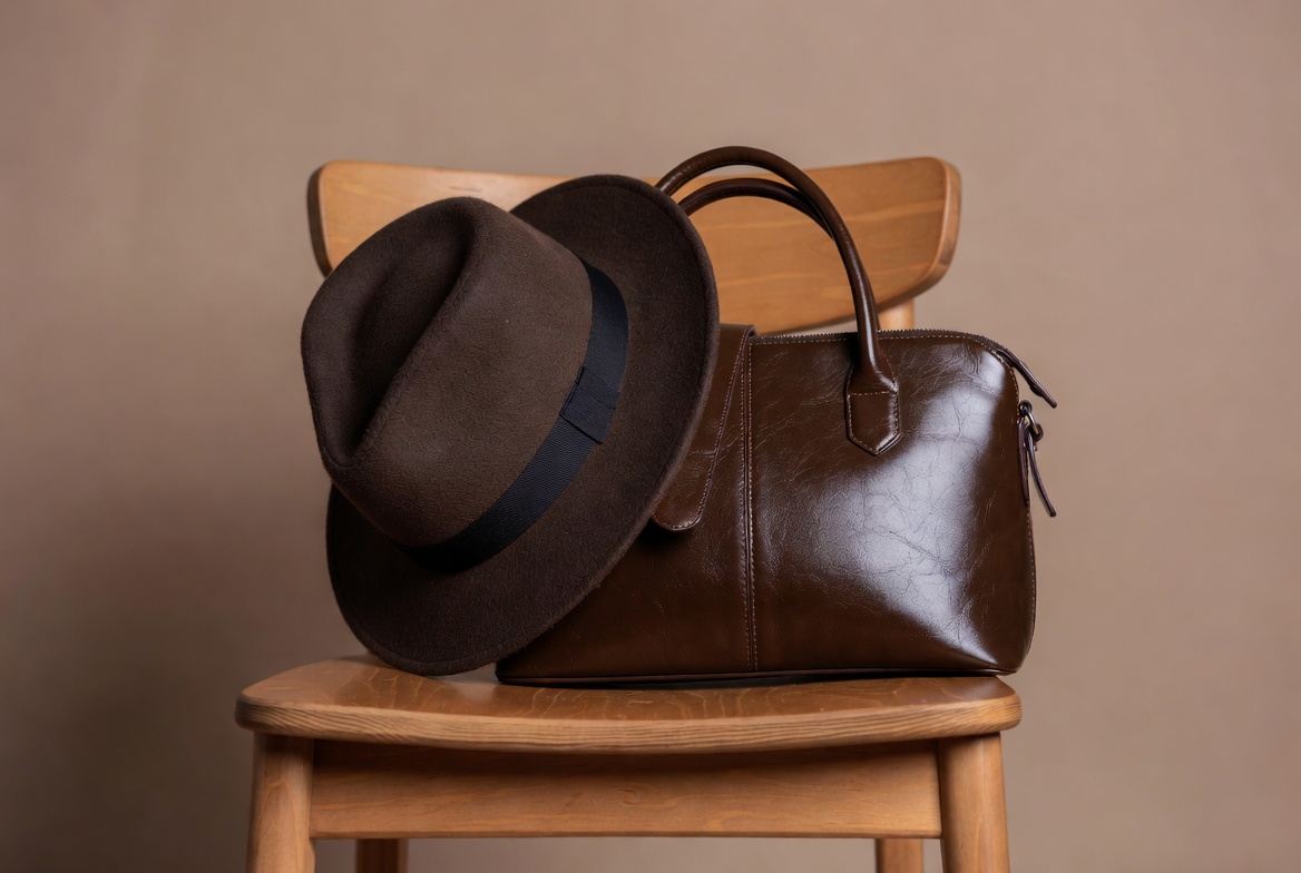 Brown Fedora Hat and Tote Bag on Chair Brown Fedora Hat and Tote Bag on Chair