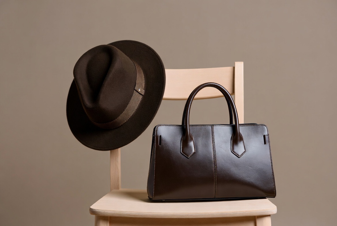 Brown Fedora Hat and Leather Handbag on Chair Brown Fedora Hat and Leather Handbag on Chair