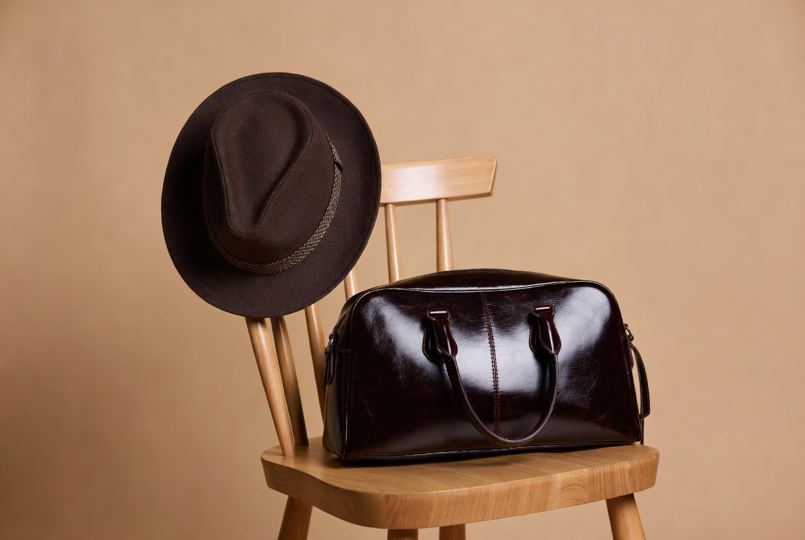 Brown Fedora Hat and Leather Bag on Chair Brown Fedora Hat and Leather Bag on Chair