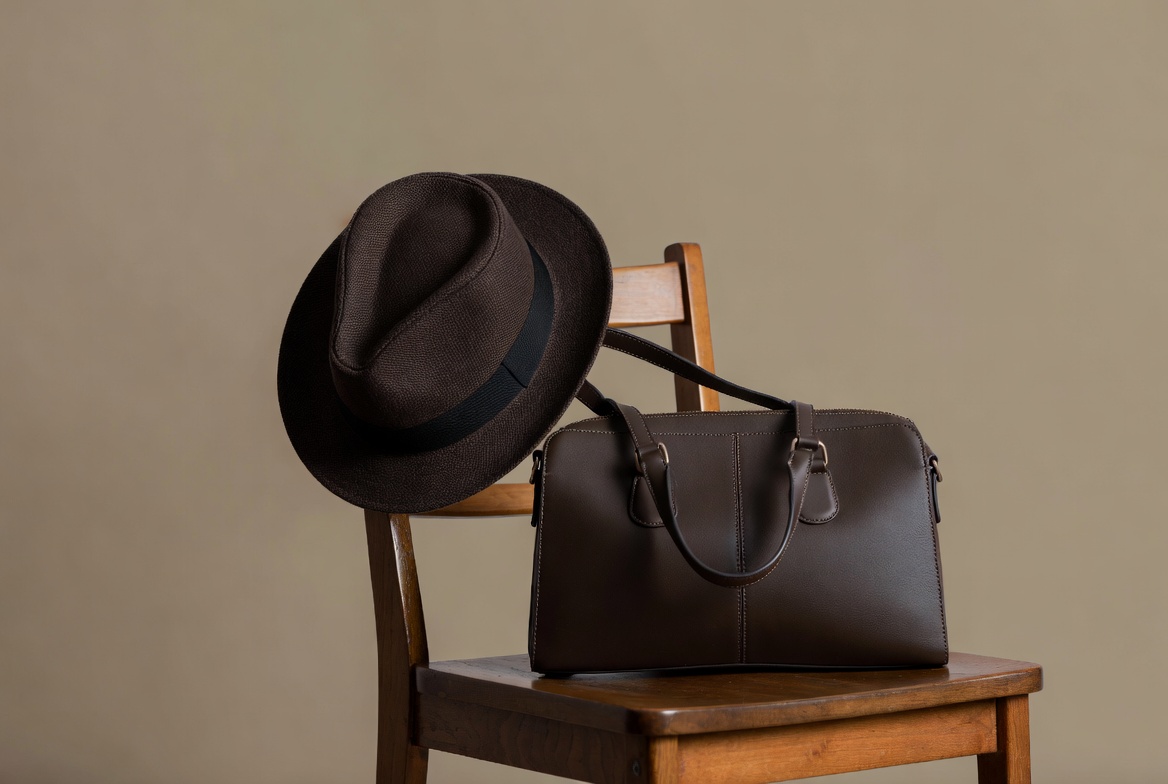 Brown Fedora Hat and Leather Handbag on Chair Brown Fedora Hat and Leather Handbag on Chair
