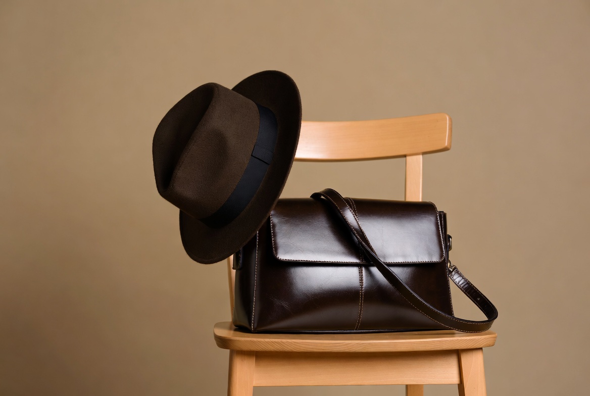 Brown Fedora Hat and Leather Bag on Chair Brown Fedora Hat and Leather Bag on Chair