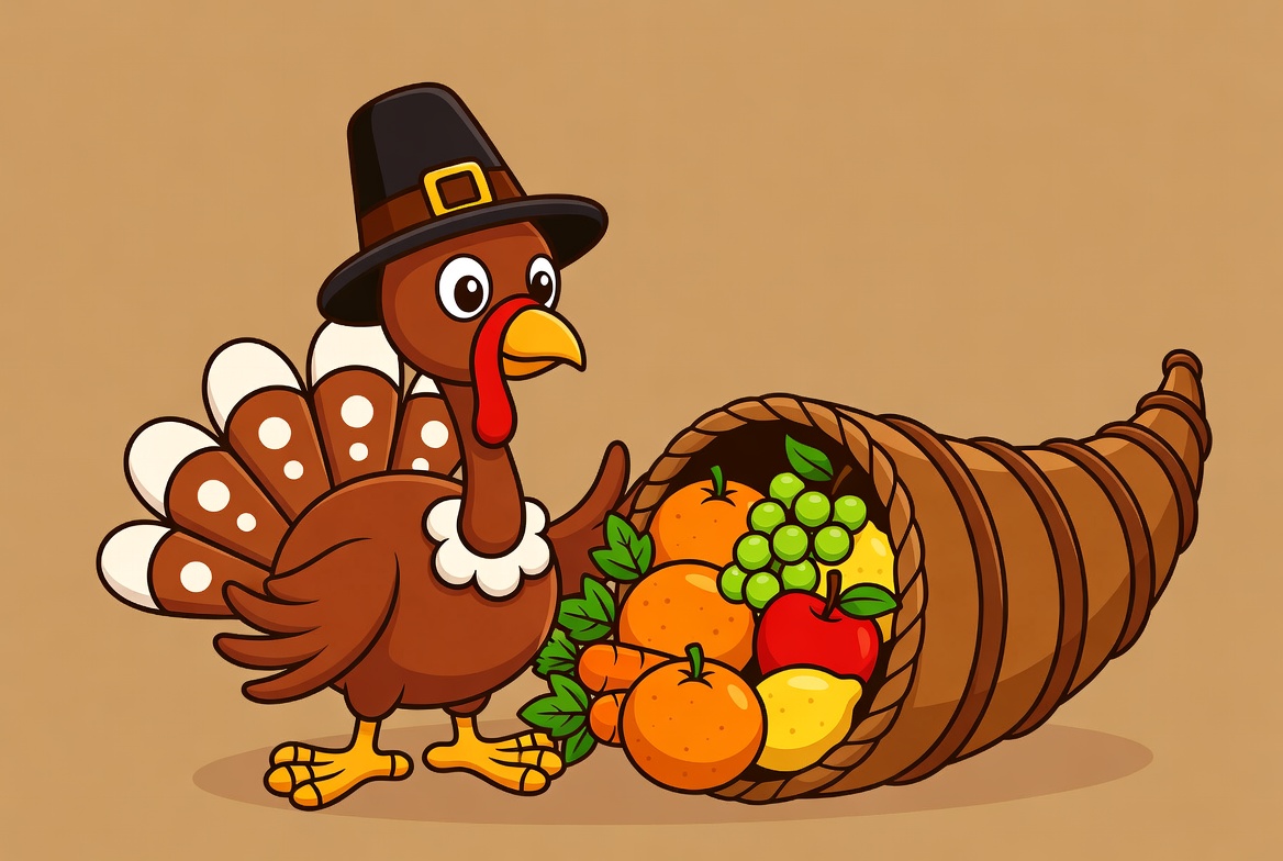 Cartoon Turkey with Cornucopia Cartoon Turkey with Cornucopia