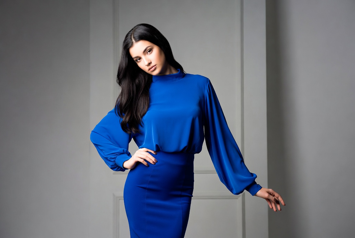 Woman in blue turtleneck dress Woman in blue turtleneck dress