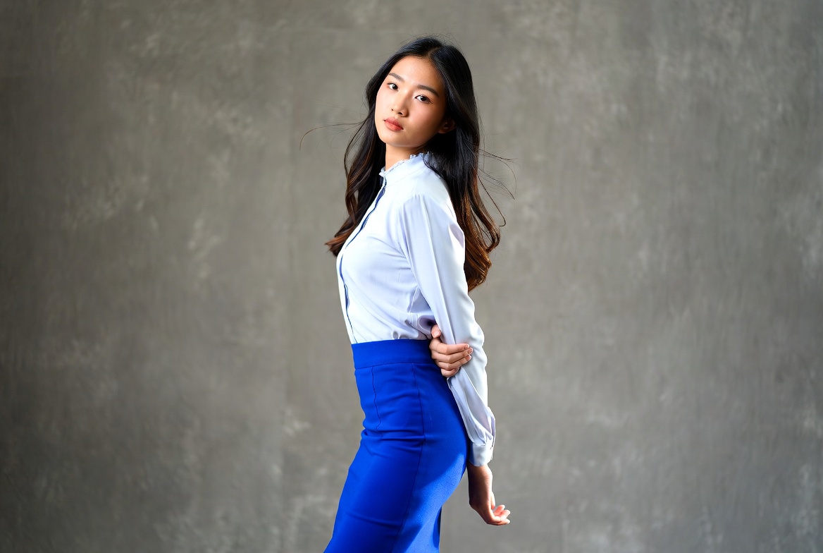 Asian woman in white blouse blue skirt Asian woman in white blouse blue skirt