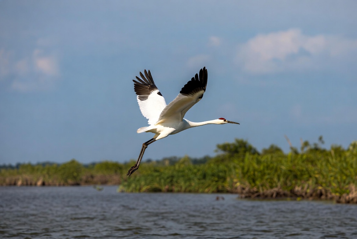 Sandhill crane flying over marsh Sandhill crane flying over marsh