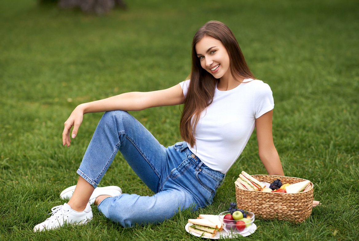 Woman with picnic basket on grass Woman with picnic basket on grass