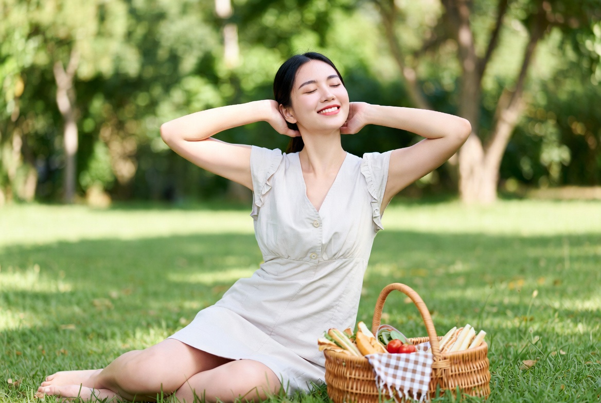 Asian woman with picnic basket in grass Asian woman with picnic basket in grass