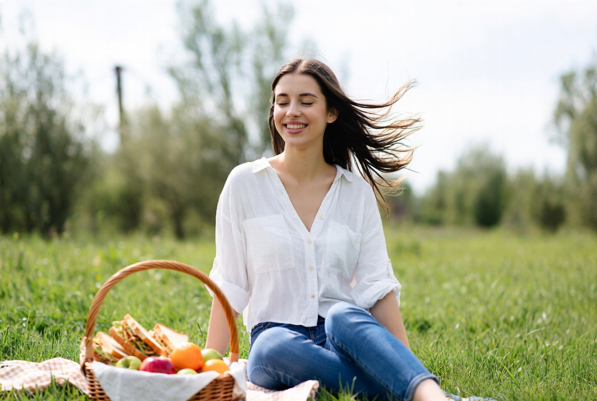 Smiling woman with picnic basket in grass Smiling woman with picnic basket in grass
