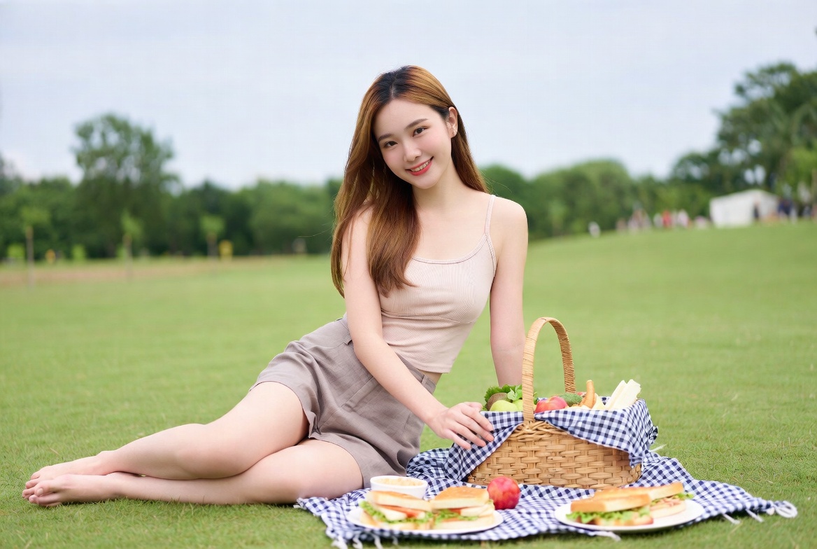 Asian woman picnic on grass Asian woman picnic on grass