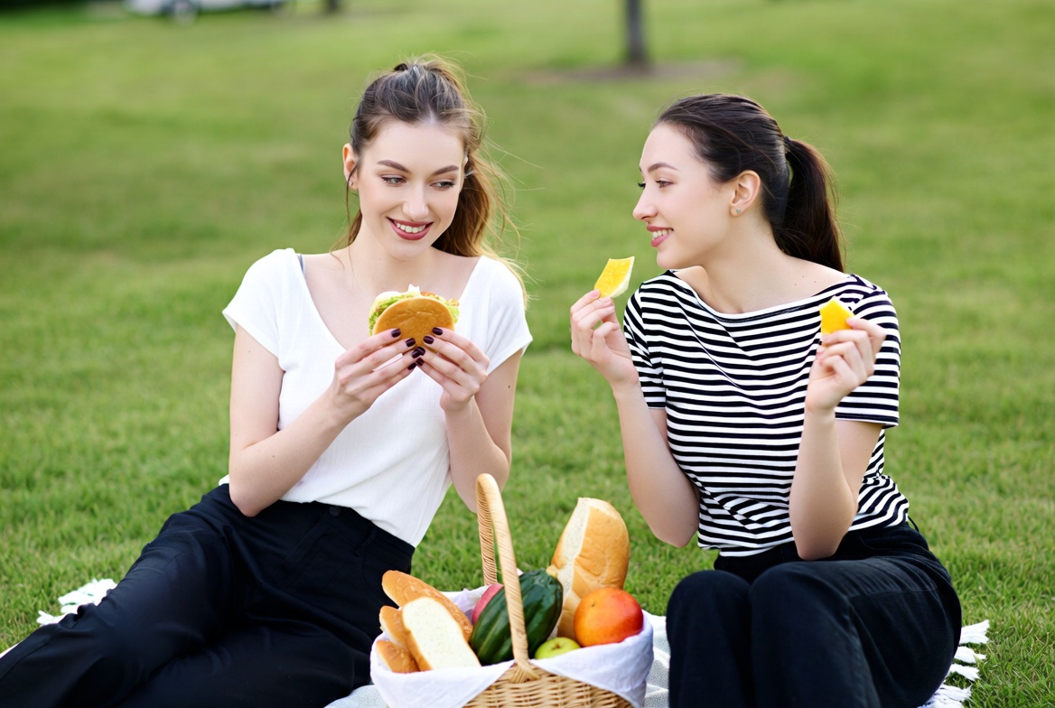 Two women eating burgers at picnic Two women eating burgers at picnic