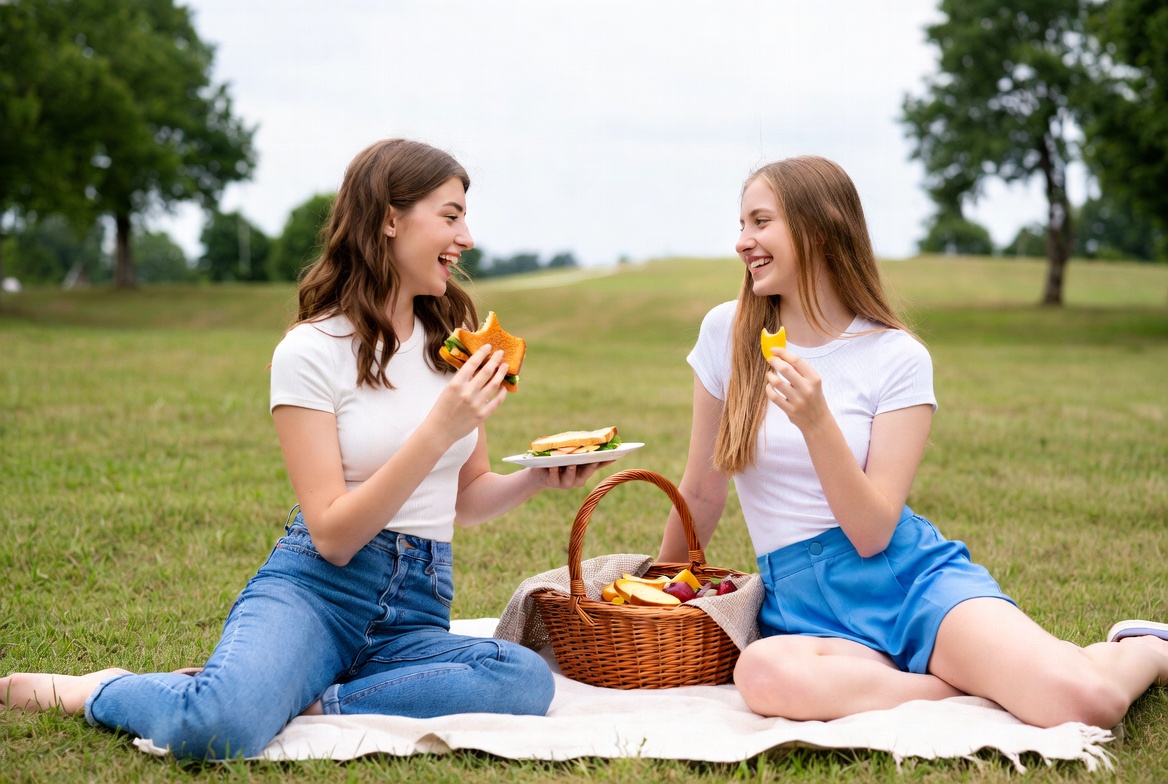Two girls eating picnic in park Two girls eating picnic in park