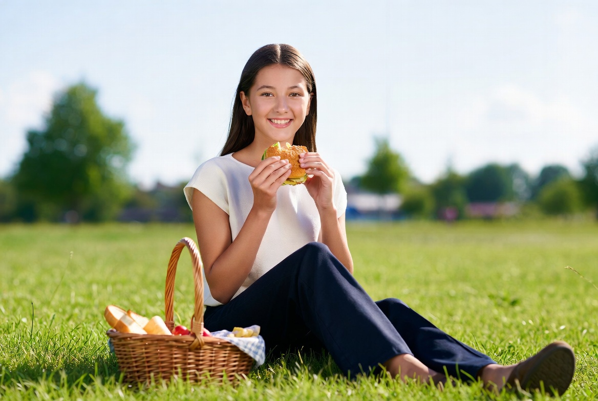 Asian girl eating bun in park Asian girl eating bun in park