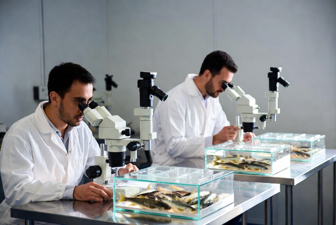 Scientists Examining Fish Under Microscopes Scientists Examining Fish Under Microscopes