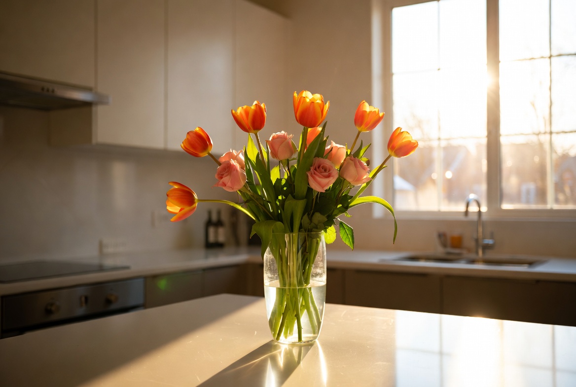 Orange and Pink Tulips in Kitchen Vase Orange and Pink Tulips in Kitchen Vase