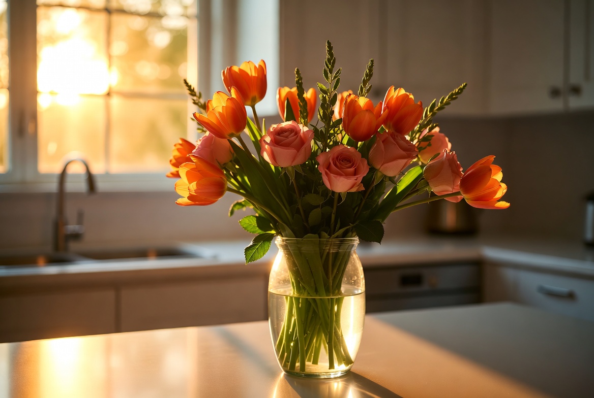 Orange Tulips and Roses in Vase Orange Tulips and Roses in Vase