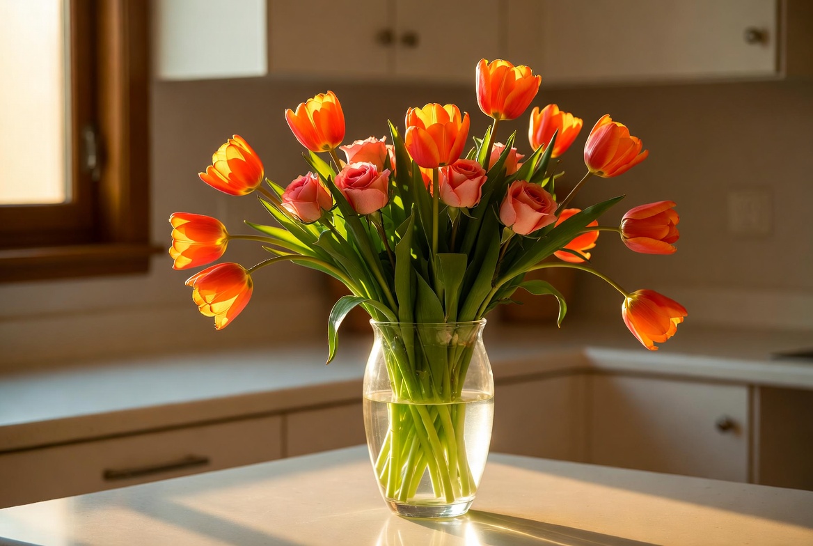 Orange and Pink Tulips in Vase Orange and Pink Tulips in Vase