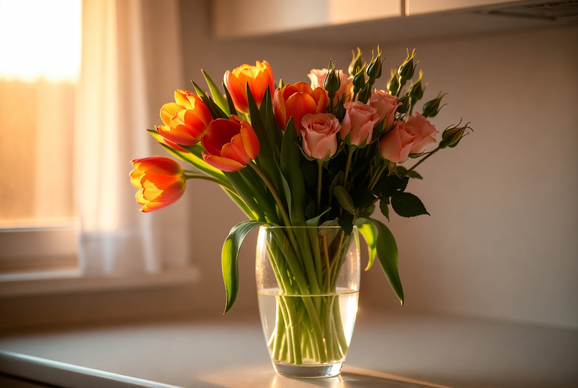 Orange Tulips and Pink Roses in Vase Orange Tulips and Pink Roses in Vase