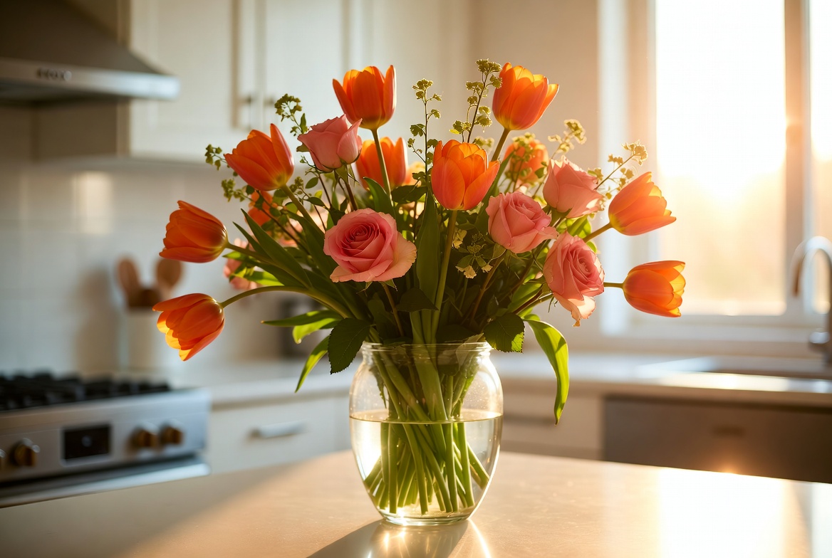Orange Tulips and Roses in Vase Orange Tulips and Roses in Vase