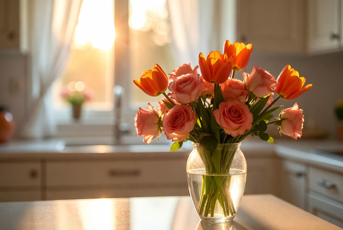 Pink and Orange Tulips in Vase Pink and Orange Tulips in Vase