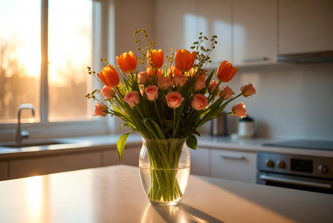 Orange Tulips in Vase on Kitchen Counter Orange Tulips in Vase on Kitchen Counter
