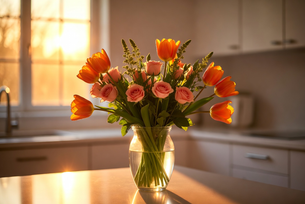 Orange Tulips Bouquet in Kitchen Window Orange Tulips Bouquet in Kitchen Window