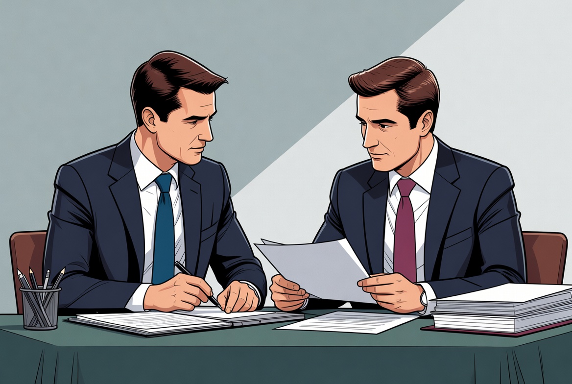 Two businessmen discussing documents Two businessmen discussing documents