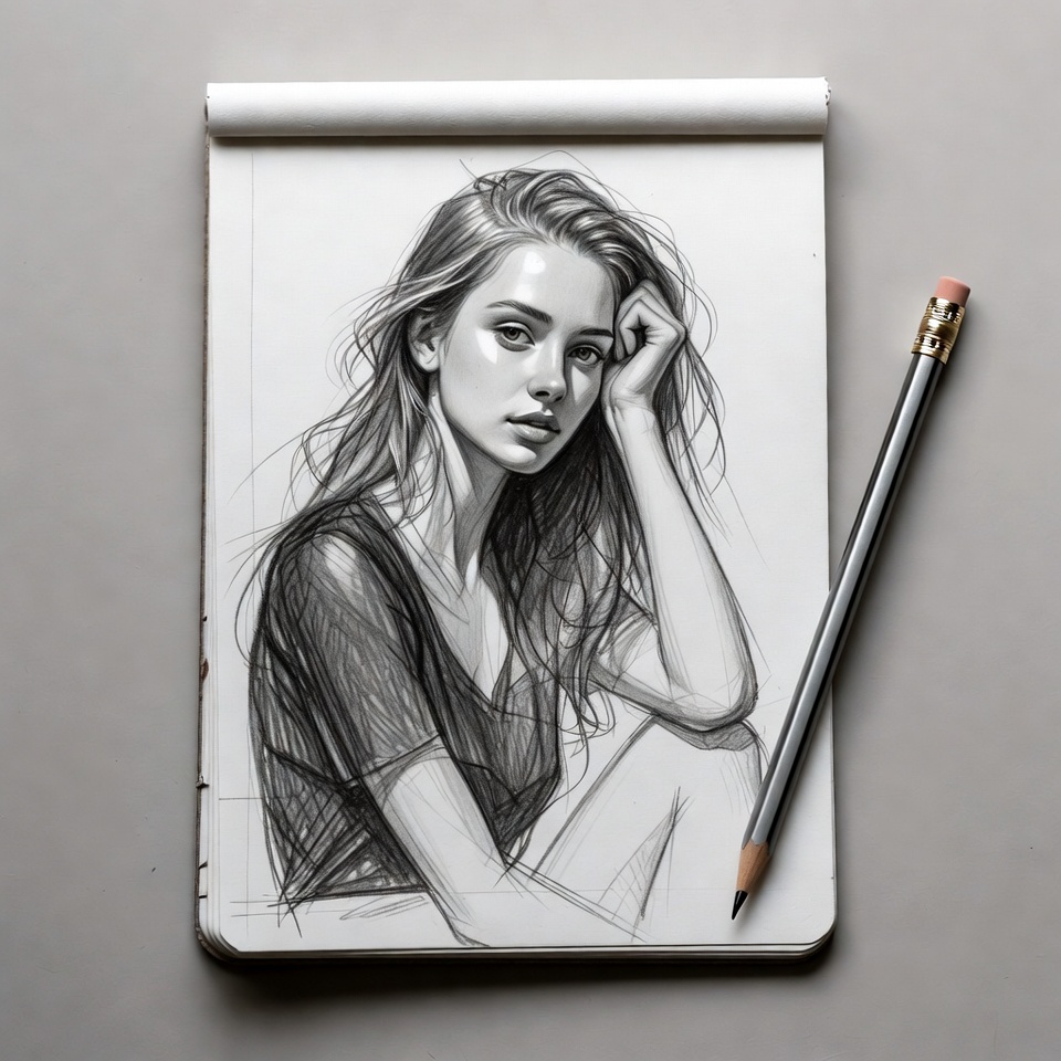 Pencil sketch of thoughtful young woman Pencil sketch of thoughtful young woman
