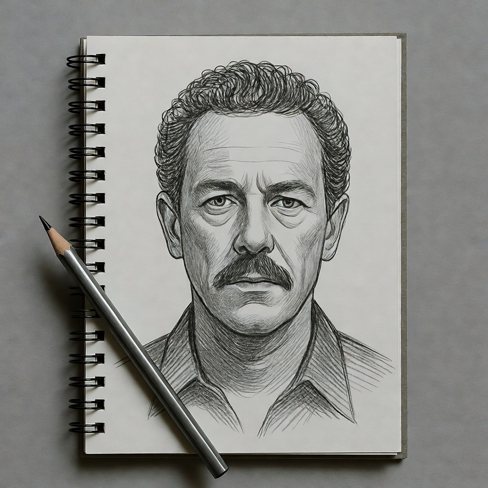 Pencil sketch of man with mustache in sketchbook Pencil sketch of man with mustache in sketchbook