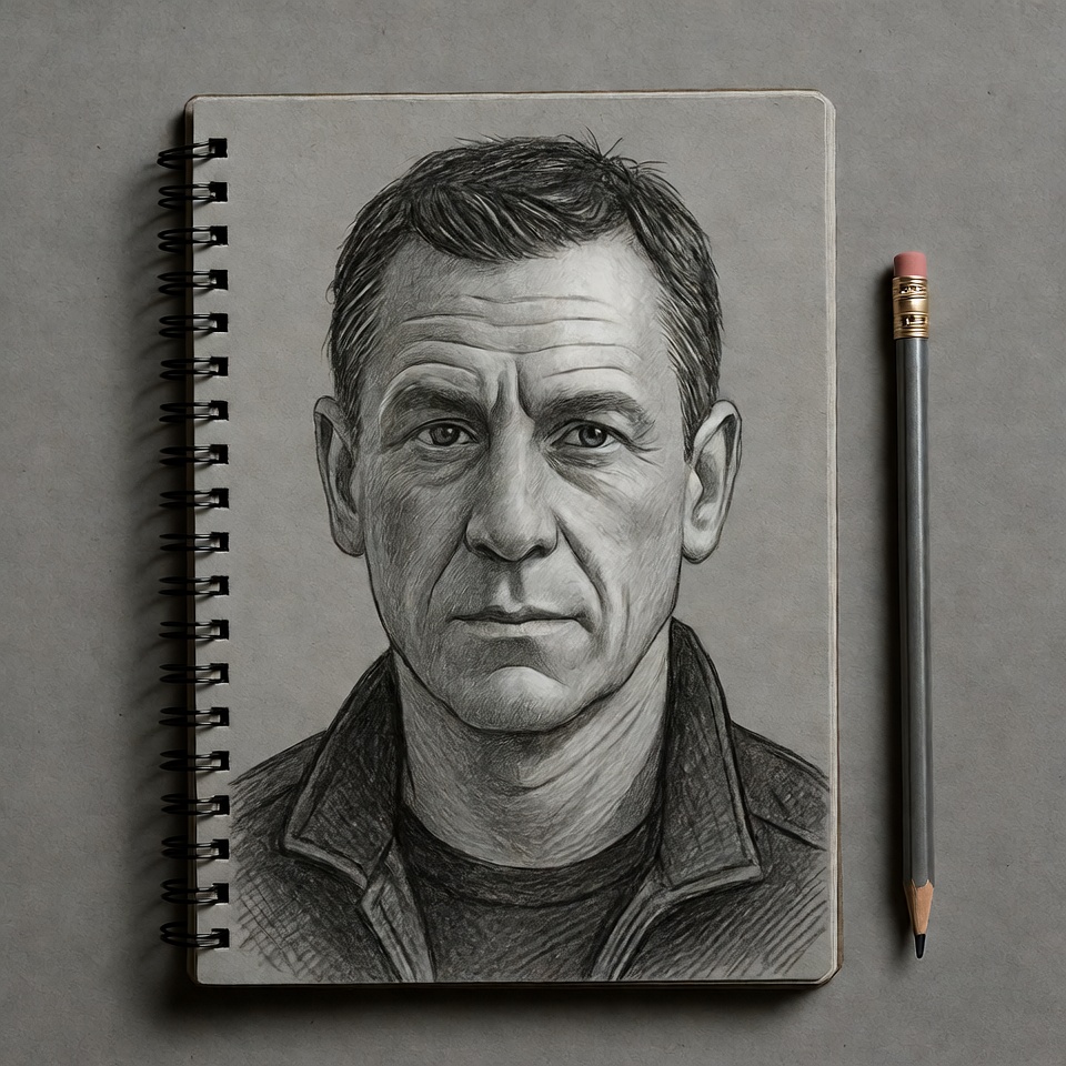 Pencil sketch of man in sketchbook Pencil sketch of man in sketchbook