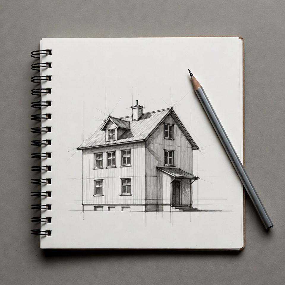Pencil Sketch of House in Sketchbook Pencil Sketch of House in Sketchbook