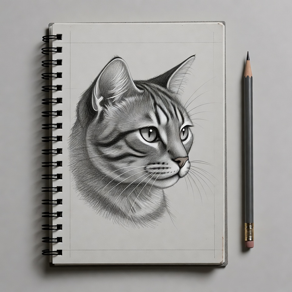Pencil sketch of tabby cat in sketchbook Pencil sketch of tabby cat in sketchbook