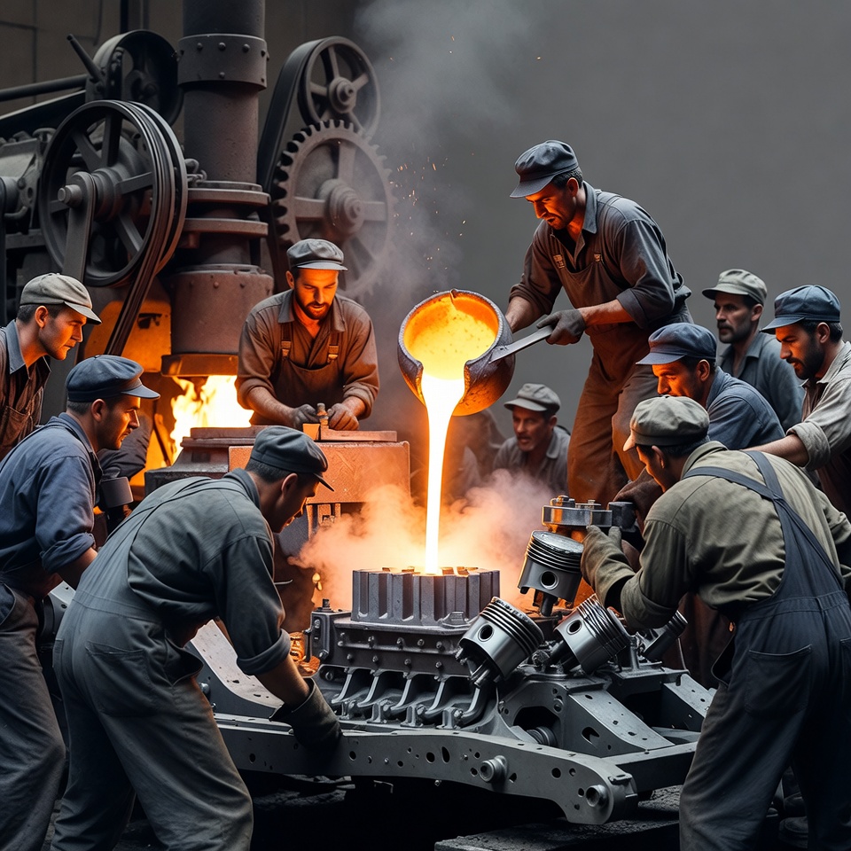 Workers Pouring Molten Metal into Engine Mold Workers Pouring Molten Metal into Engine Mold