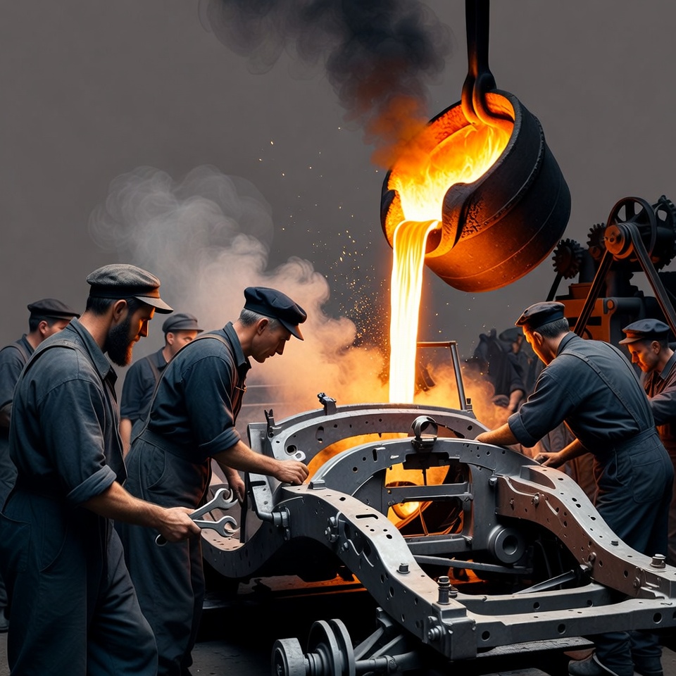 Workers Pouring Molten Metal Foundry Workers Pouring Molten Metal Foundry