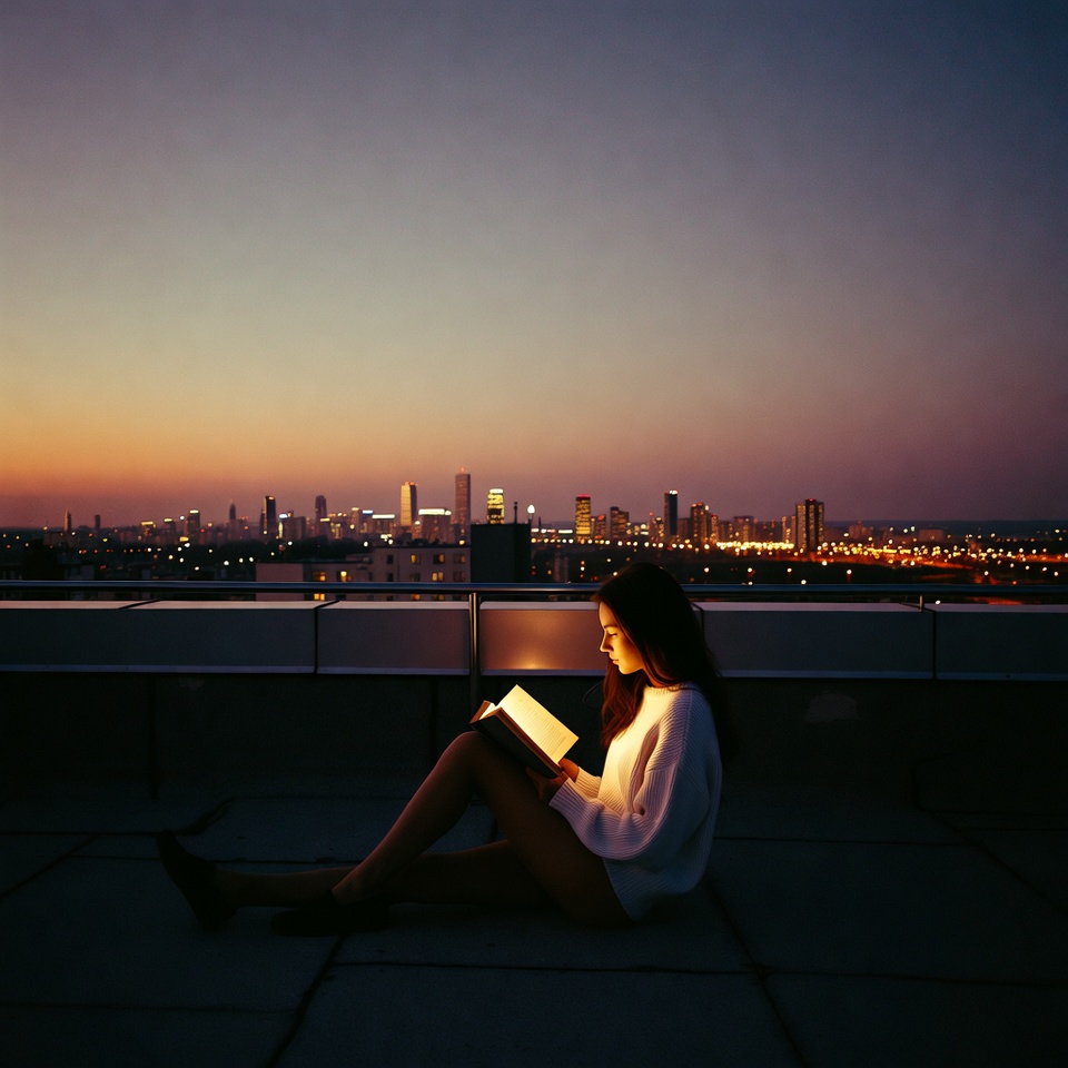 Woman reading book on rooftop at sunset Woman reading book on rooftop at sunset