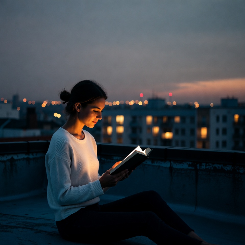 Woman reading book on rooftop at night Woman reading book on rooftop at night