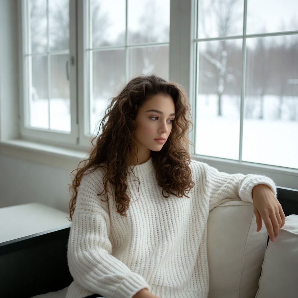 Woman gazing out snowy window Woman gazing out snowy window