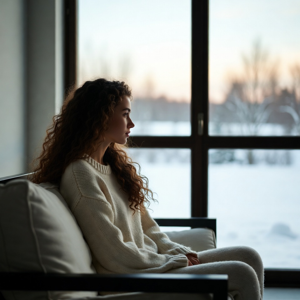Woman gazing out snowy window Woman gazing out snowy window